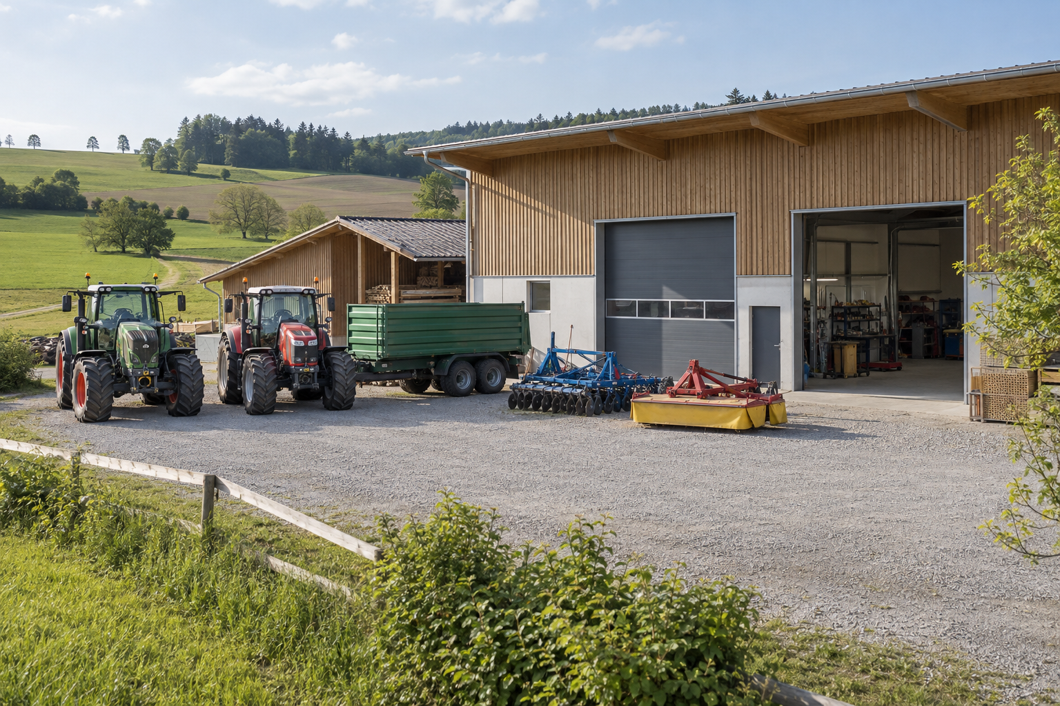 Agrar-Mietpark mit Traktoren, Anbaugeräten, Maschinenhalle und Werkstätte